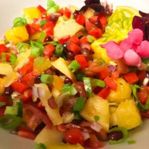 bowl of salsa with fresh flowers