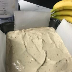 whipped banana mix in a pan.