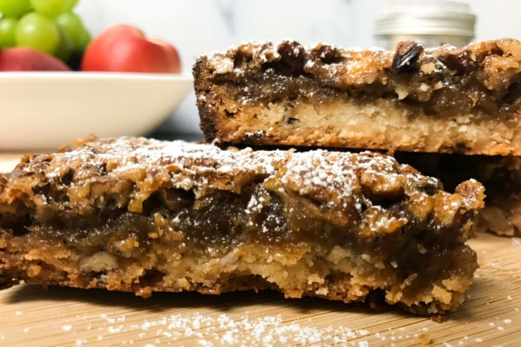 pecan pie bars on a board