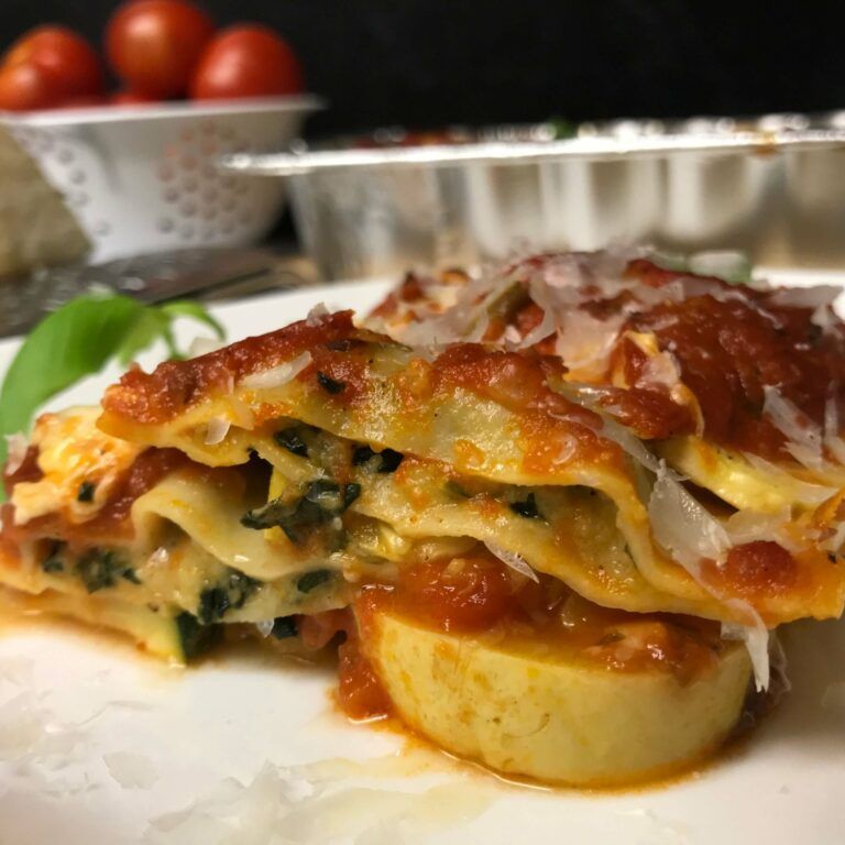 plated ravioli and squash lasagna