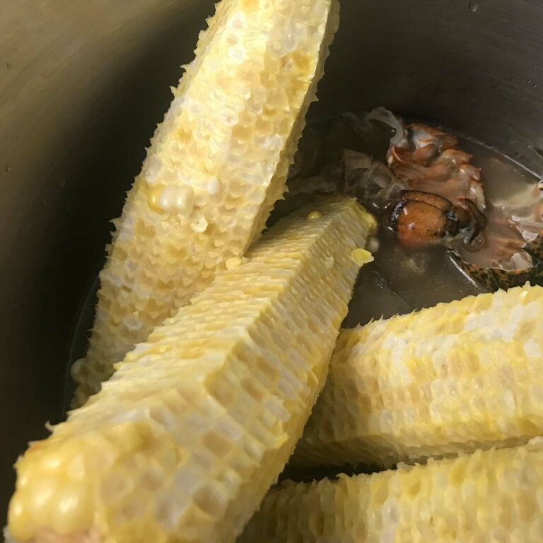 corn cobs and shells in stock pot