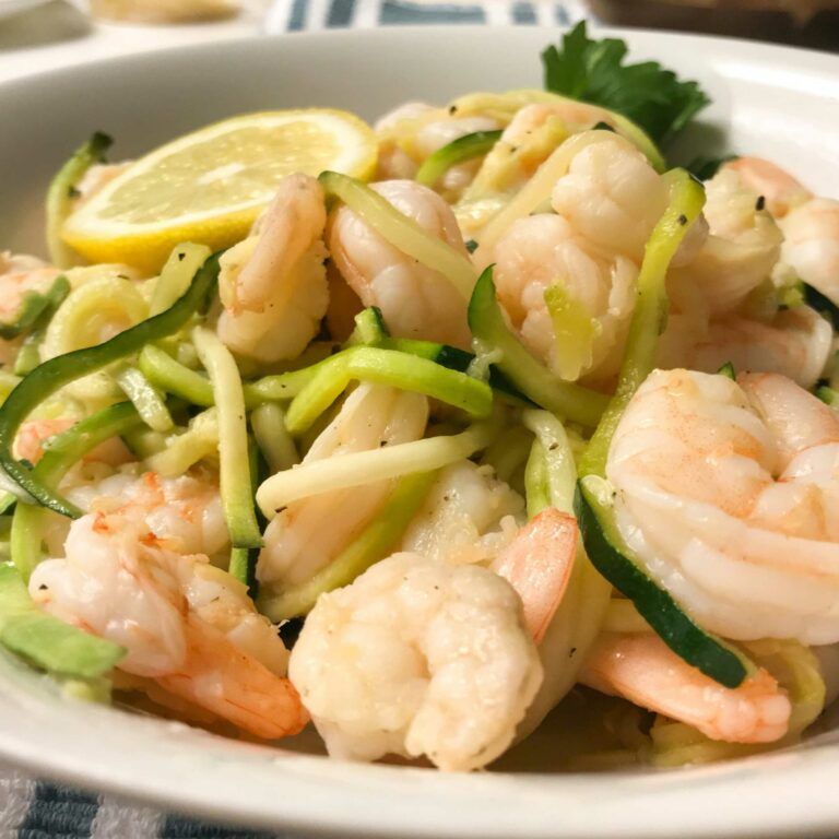 bowl of zucchini zoodles and shrimp