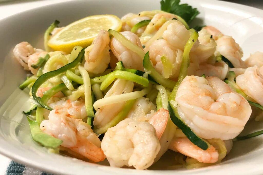 bowl of zucchini zoodles and shrimp