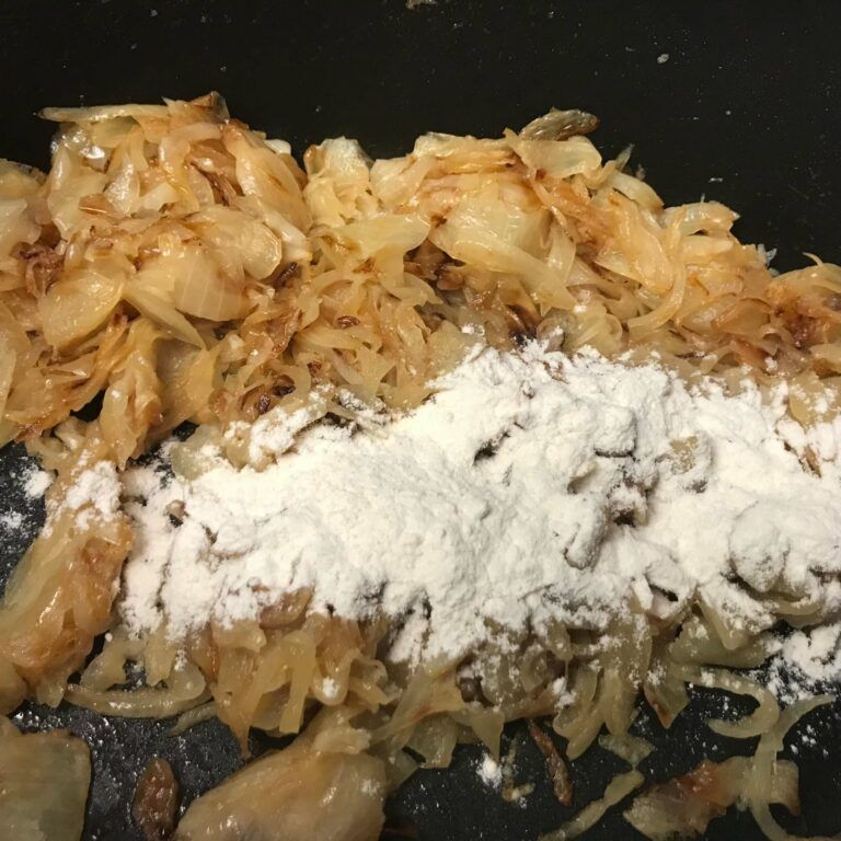 carmelized onions with flour in a pot