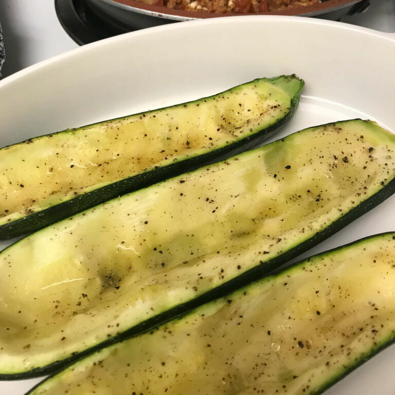 roasted zucchini in a baking dish