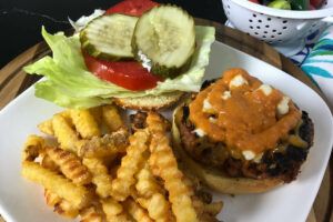 hamburger and fries on a plate