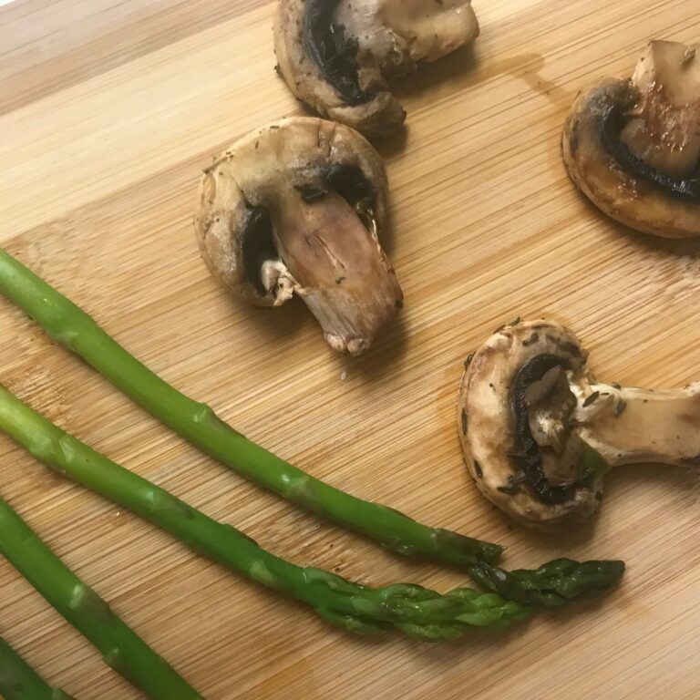 mushrooms and asparagus on board