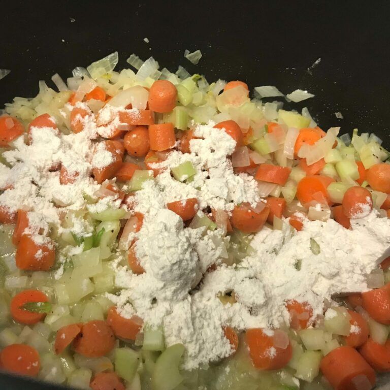 cooked veggies with flour in a pot