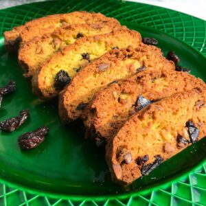 plate of pistachio and cherry biscotti cookies.