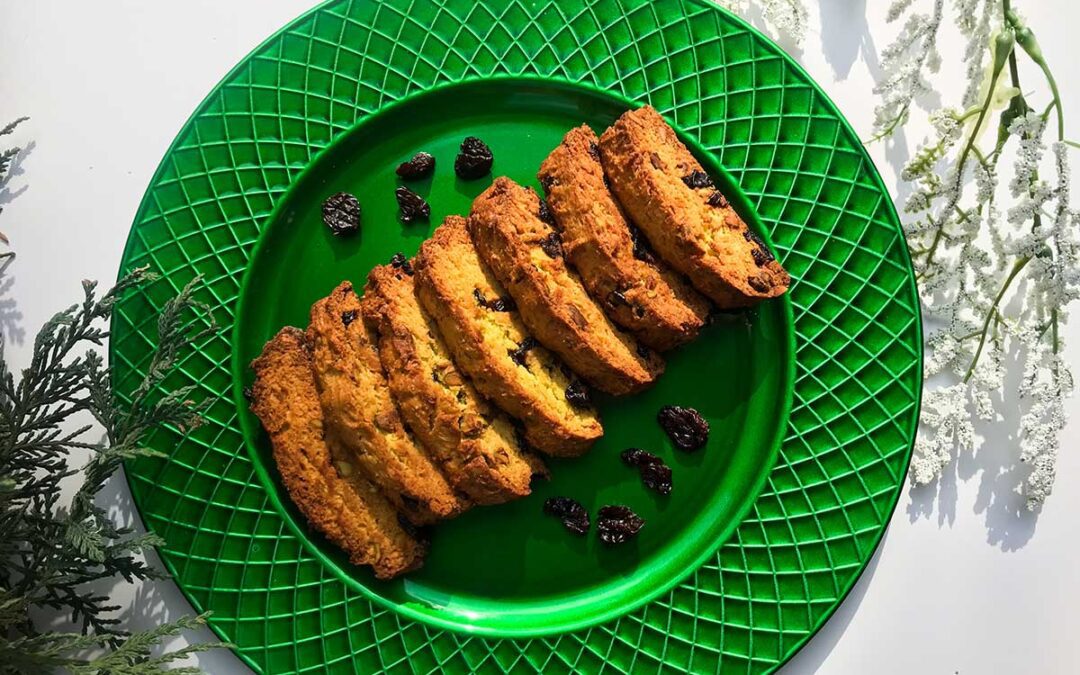 plate of pistachio and cherry biscotti cookies
