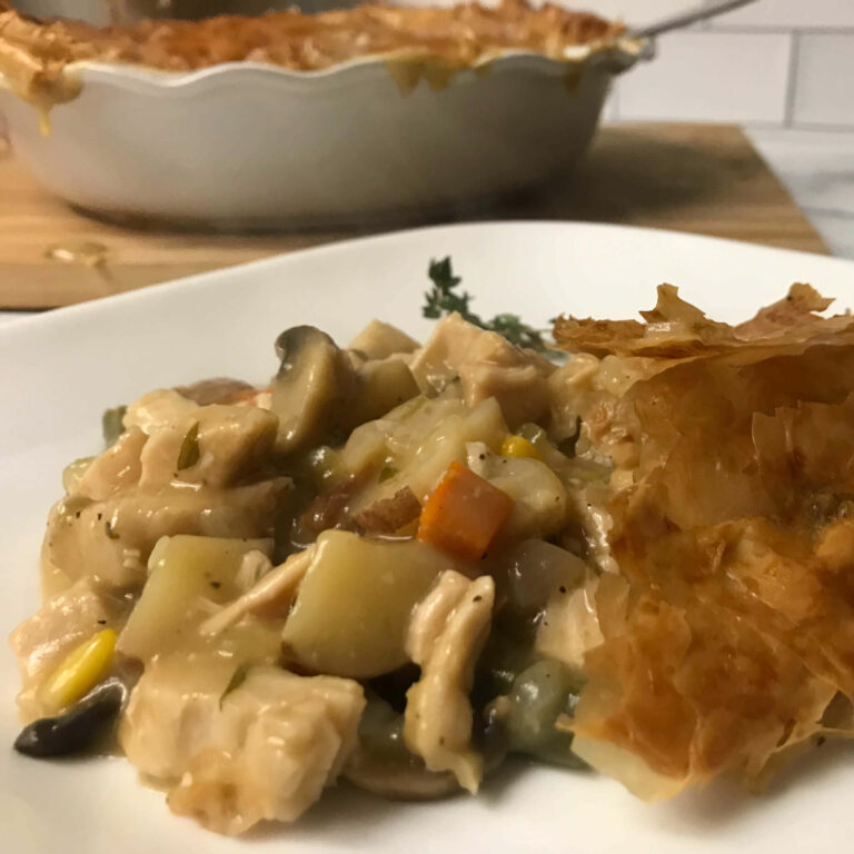 a serving of pot pie in a bowl.