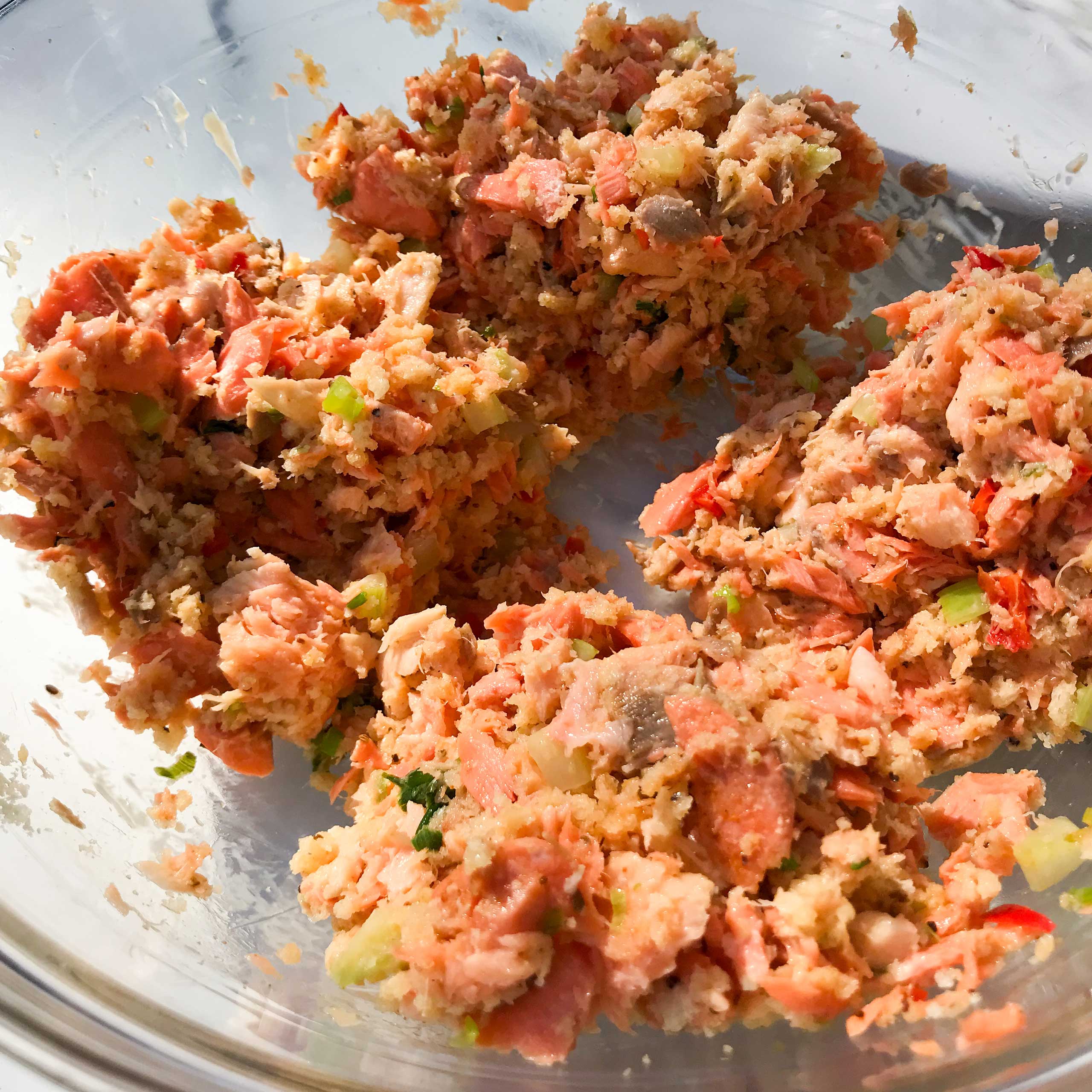 raw salmon mixture in a bowl.