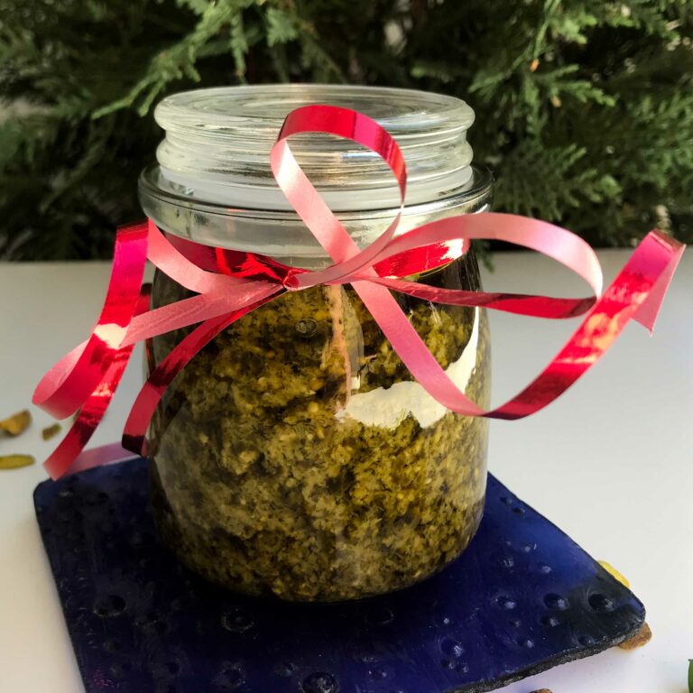 gift wrapped jar of pesto.
