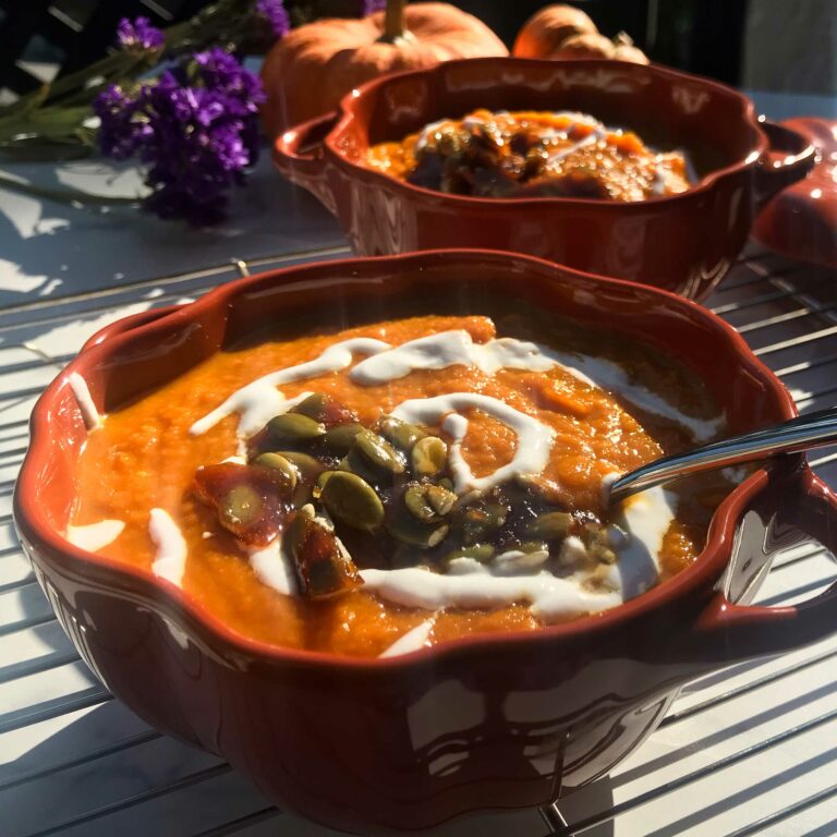 bowl of pumpkin sweet potato soup with yogurt and brittle.