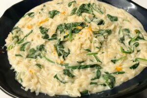 whole wheat orzo with orange and spinach.