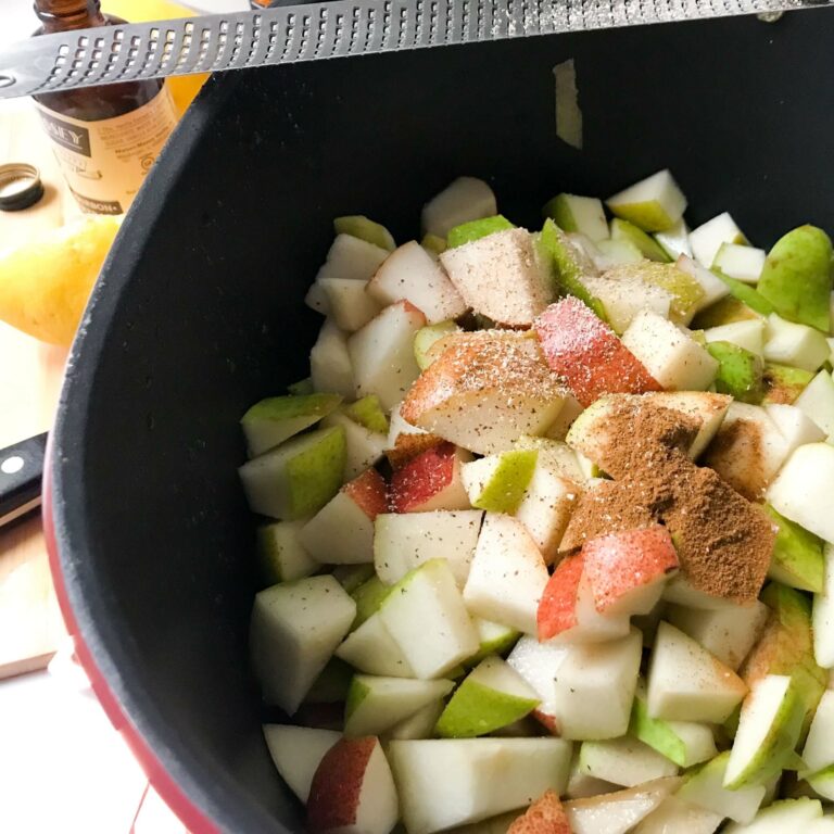 pears and seasoning in a pot.