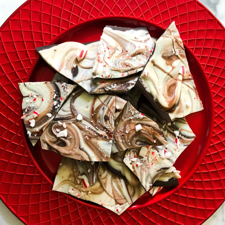 plate of swirling chocolate peppermint bark.