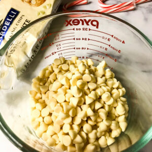 white chocolate chips in measuring cup.