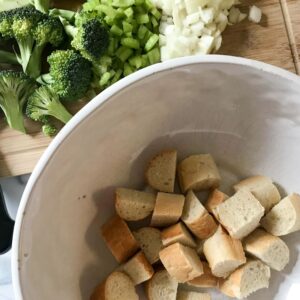 bowl of bread cubes.