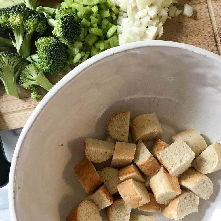 bowl of bread cubes.