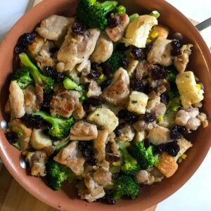 skillet of chicken and stuffing.