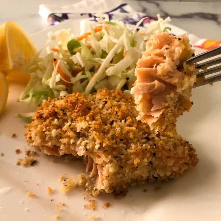 a forkful of crispy baked salmon.