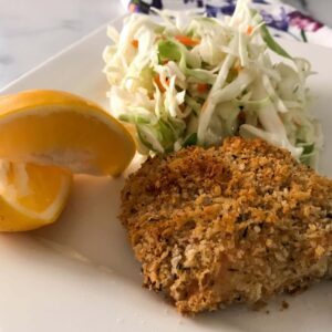 baked salmon and coleslaw.