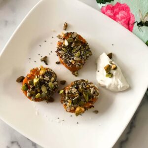 sweet potatoes crusted with seeds and nuts.