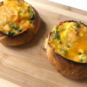 melted cheese on egg bowls.