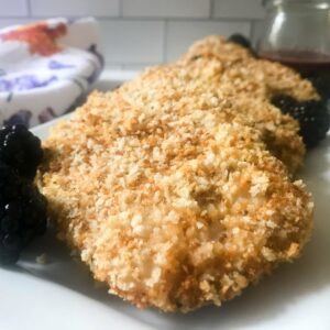 Baked Breaded Pork Chops with Blackberry Sauce.