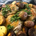 cast-iron skillet chicken with baby potatoes.