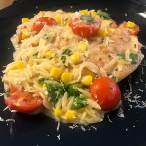 creamy summer corn & tomato chicken & Orzo.