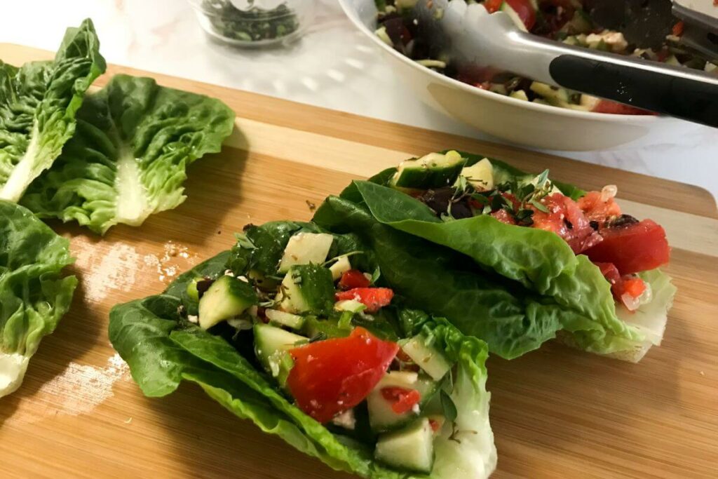 Greek Lettuce Cups on a serving board.