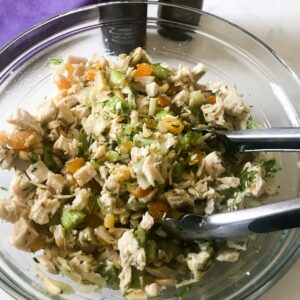 bowl of apricot chicken salad.