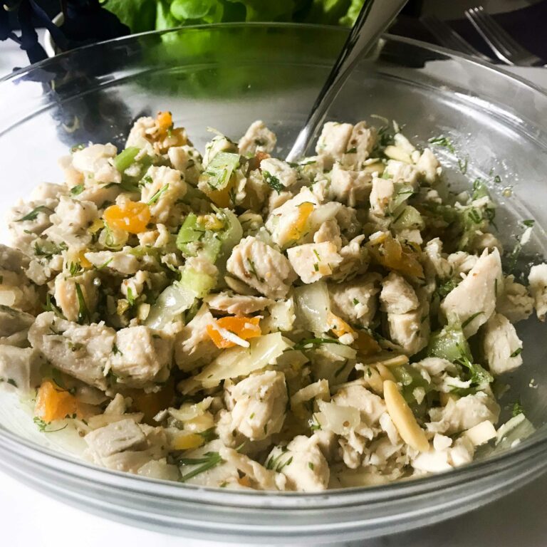 bowl of apricot chicken salad.