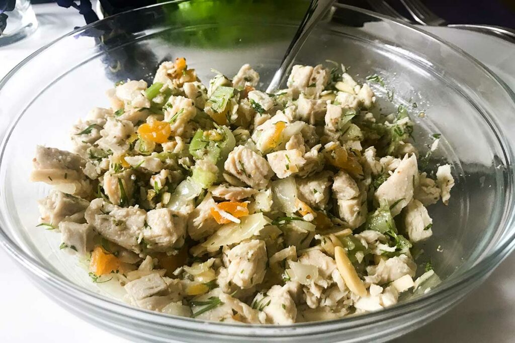 bowl of apricot chicken salad.