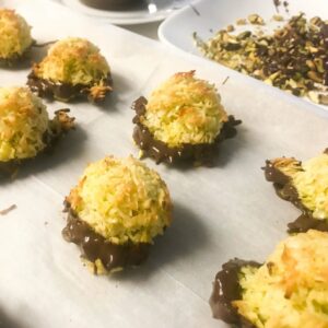 Chocolate Dipped Pistachio Macaroons