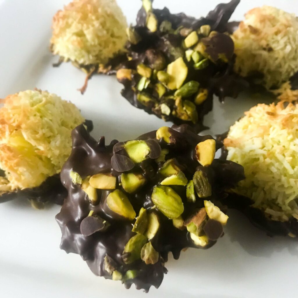 Chocolate Dipped Pistachio Macaroons.