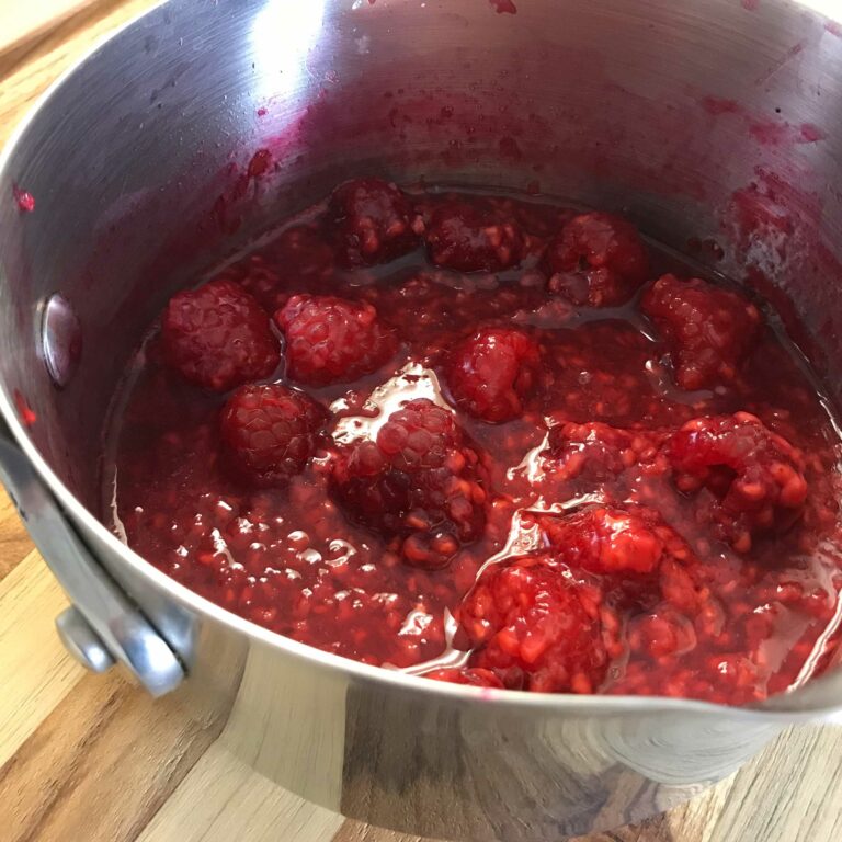 raspberry sauce in pot.