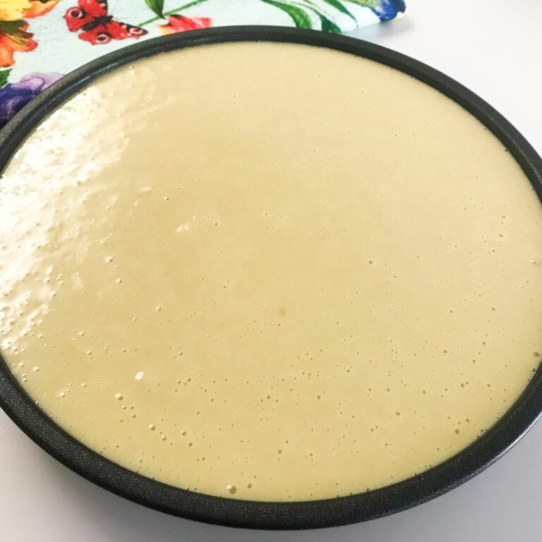cake batter in pan.