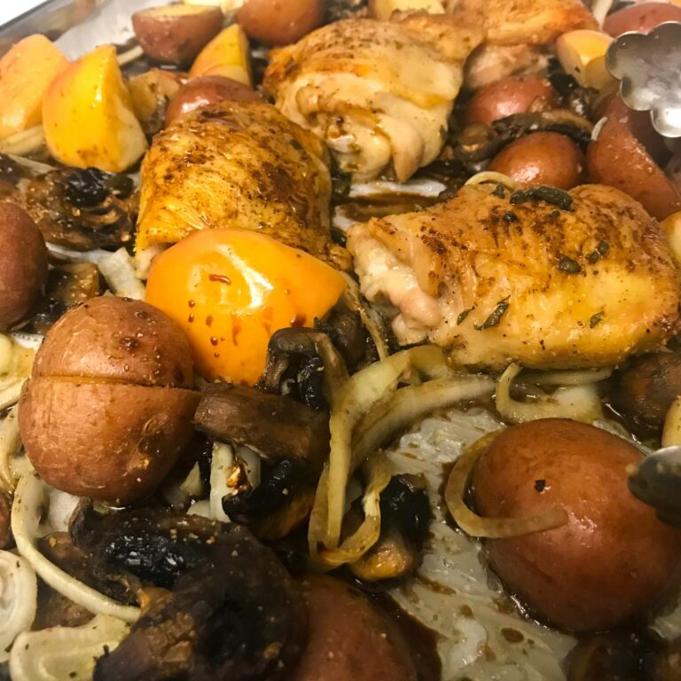 Roasted Chicken Thighs with Sage, Mushrooms, Baby Potatoes, and Apples