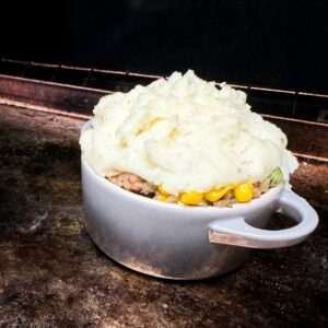 shepherd's pie with potatoes on top ready for oven.