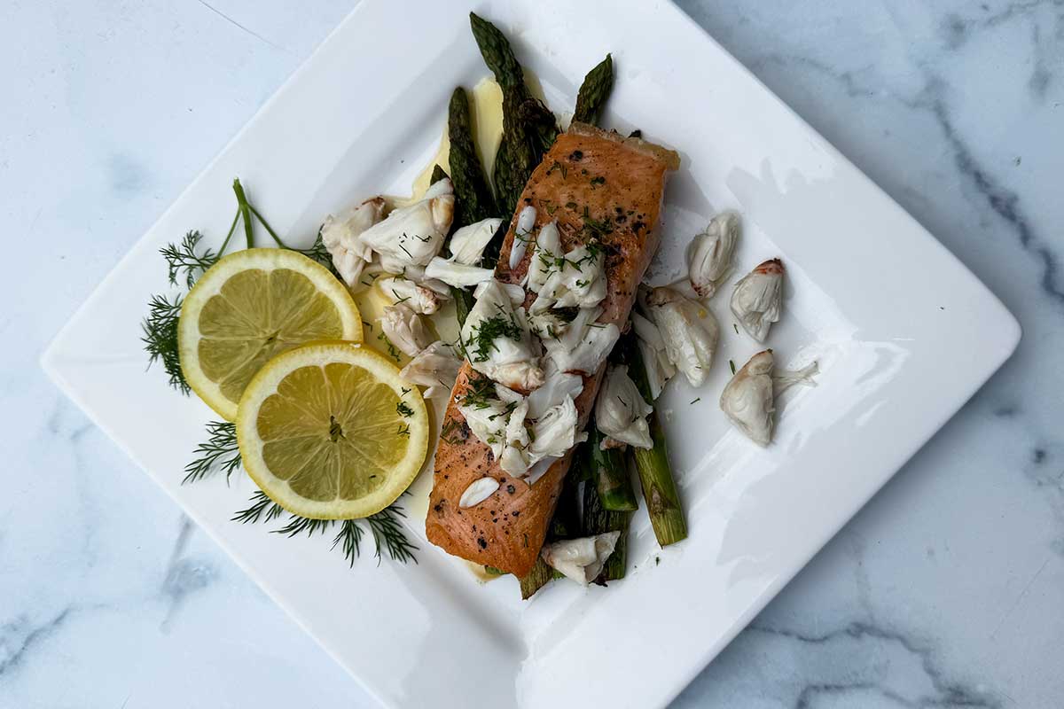 salmon oscar on a plate.