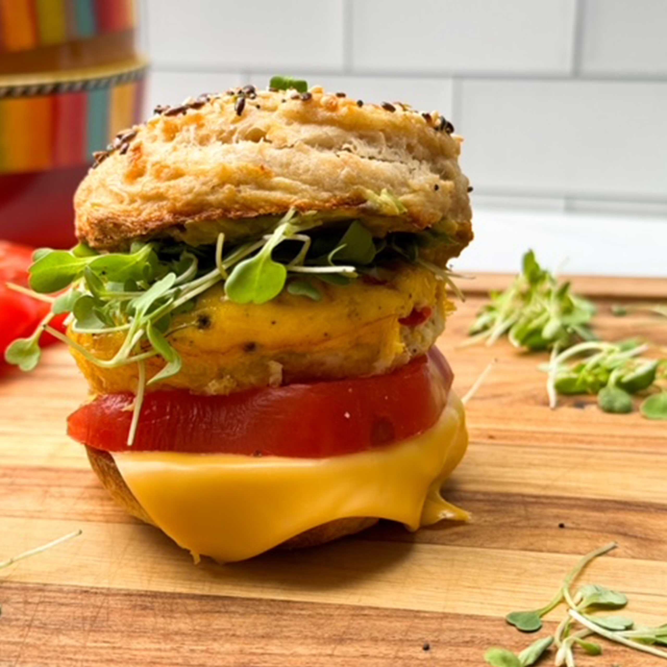 skinny everything bagel egg and cheese sandwich.