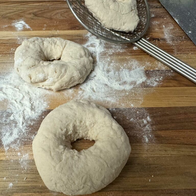 Raw bagel dough formed into bagel shapes.