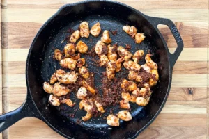 shrimp and chorizo in skillet.