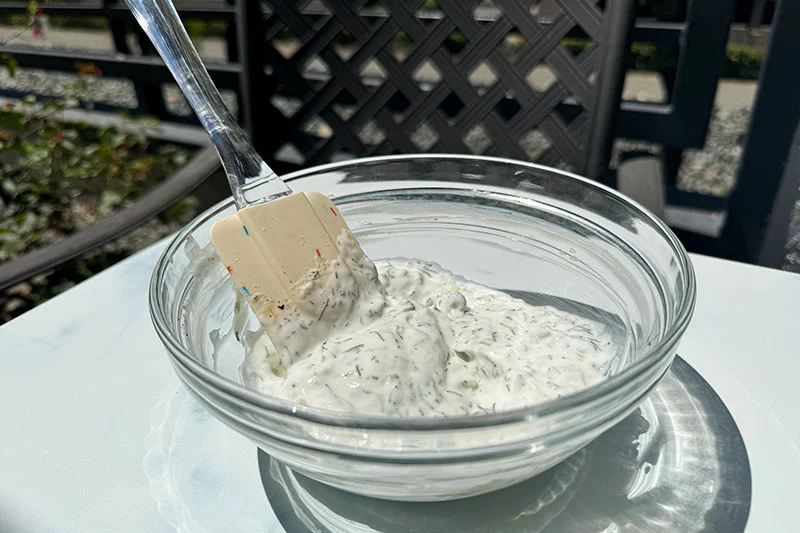 creamy yogurt dressing in a bowl.