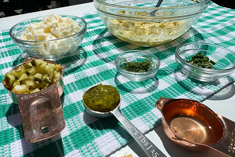 ingredients for dill pickle egg salad.