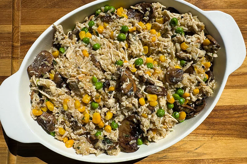 filling in a casserole dish.