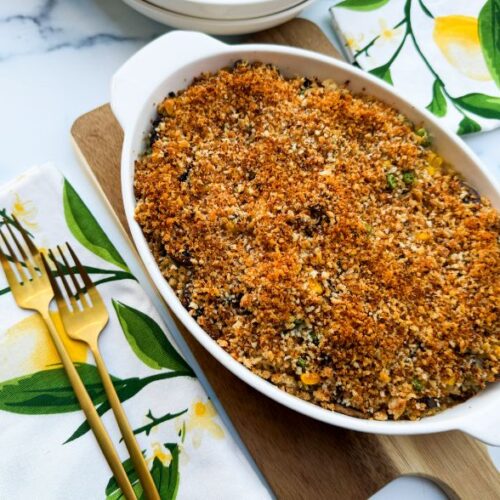 chicken, rice, and veggie casserole on table.